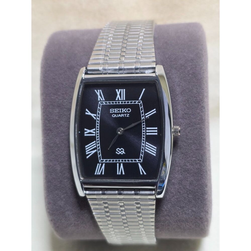 Vintage Seiko SQ Tonneau Watch Black Roman Numeral Dial SS Bracelet New Battery